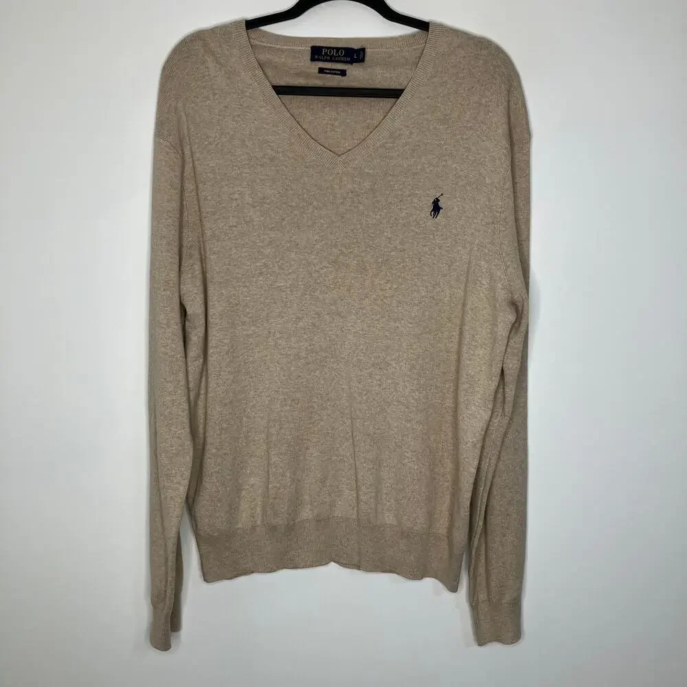 POLO RALPH LAUREN Men's Pima Cotton V Neck Sweater Tan Large